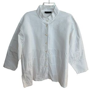 Moyuru White Cotton Button Down Pleated Lagenlook Top Sz 3